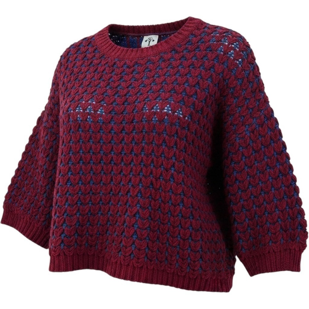 Rain Rose Sz M Red Blue Knit Crochet Sweater 3/4 Sleeve Pullover Top Tomato Girl